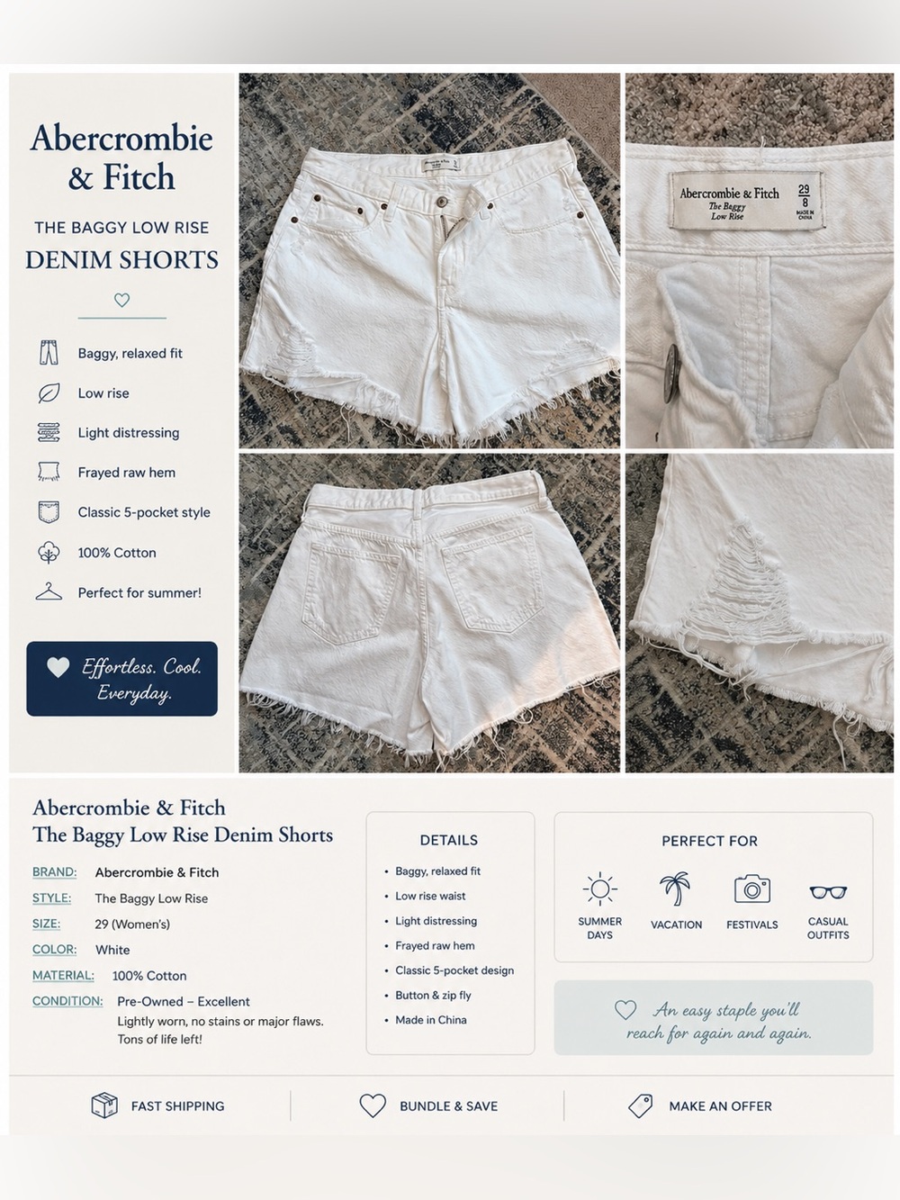 Abercrombie & Fitch White Distressed Frayed Hem Jean Shorts